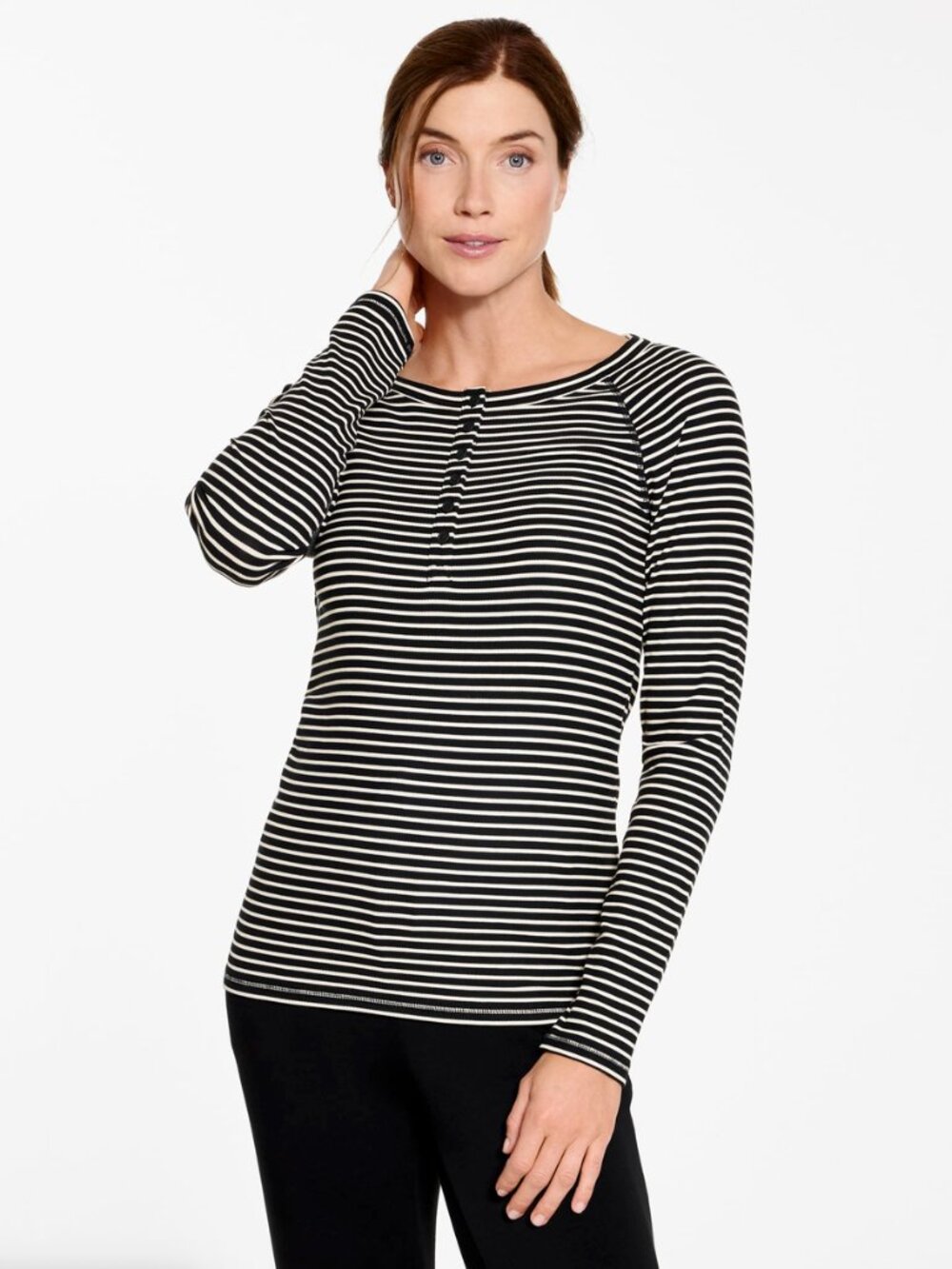 NWT T BY TALBOTS Ribbed Henley Tee Wimbledon Stripe Black White Size XLp